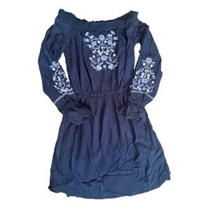 Hollister Long Sleeve Off Shoulder Navy Boho Dress with Embroidery - Size S